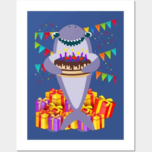 HAPPY BIRTHDAY SHARK CAKE Wall Art by GeekCastle